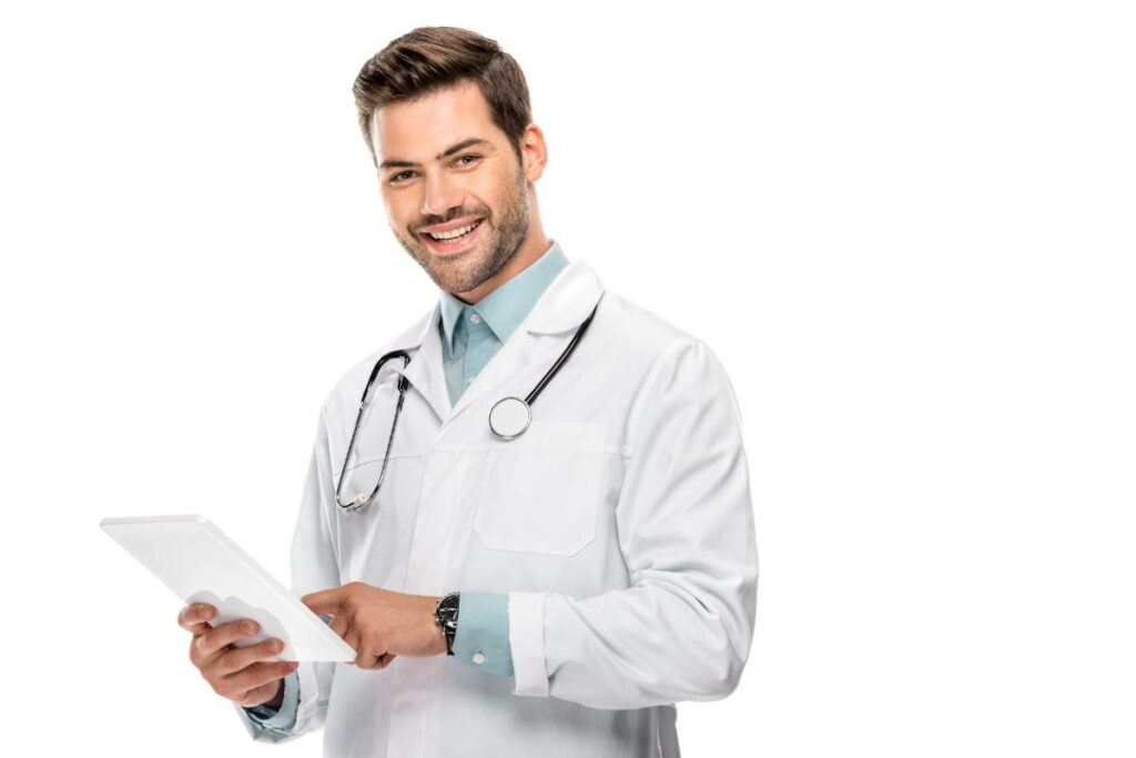 smiling-young-male-doctor-in-medical-coat-using-di-2023-11-27-05-17-28-utc